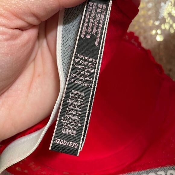 Victorias Secret Bright Red Lace T Shirt Push Up Bra Full Coverage Bra 32DD - Picture 6 of 6